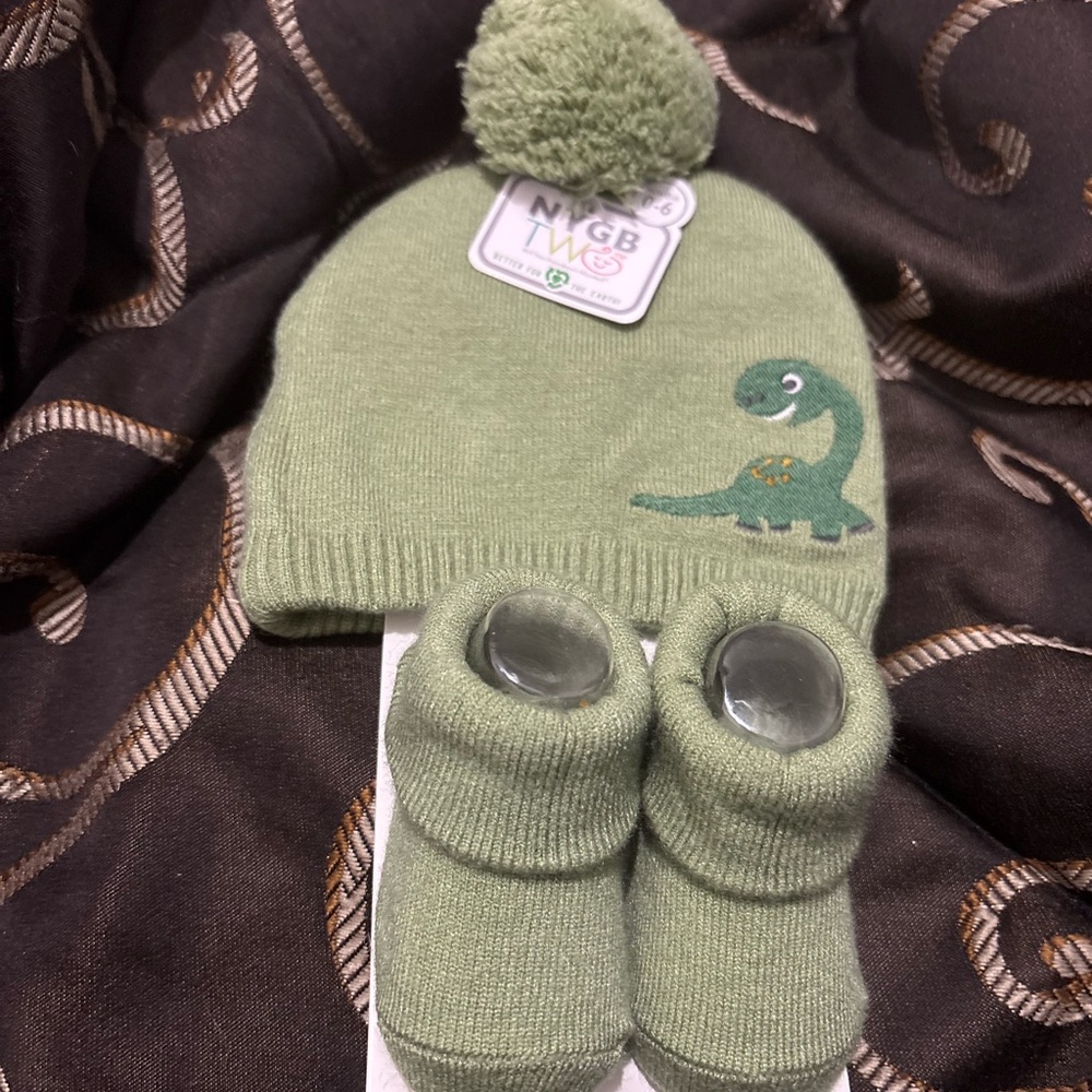 Green Dino Knit Hat & Booties Set - Kids Matching Set